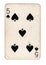 A vintage five of spades playing card.