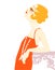 Vintage flapper girl in 1920s style fashion red dress. Vector retro woman with blond hair and fashion lond beads on her neck