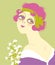 Vintage flapper girl portrait 1920s style fashion dress and flowers. Vector retro woman with pink hair and green ribbon on her