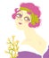 Vintage flapper girl portrait 1920s style fashion dress and white bouquette of flowers. Vector retro woman with pink hair and