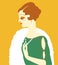 Vintage flapper woman 1920s style in green fashion dress and white fur accessories. Vector retro woman with brown hair