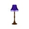 Vintage floor lamp with tall wooden stand and blue lampshade. Interior object. Antique home furniture. Flat vector icon