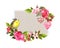Vintage floral card for wedding, Valentine design. Flowers, roses, berries, vintage hearts, bird. Watercolor frame for