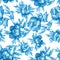 Vintage floral seamless blue monochrome pattern with flowering peonies, on white background.