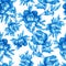 Vintage floral seamless blue monochrome pattern with flowering peonies, on white background. Watercolor hand drawn painting illust