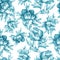 Vintage floral seamless grey-blue monochrome pattern with flowering peonies, on white background. Watercolor hand drawn painting i