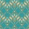 Vintage floral striped seamless pattern. Turquoise vector background. Hand drawn gold damask flowers, swirl leaves, lines, curves