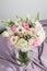 Vintage floristic background, colorful roses Hydrangea eucalyptus on fabric. Mom\'s birthday