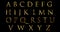 Vintage font yellow gold metallic alphabet letters word text series symbol sign on black background, concept of golden luxury