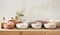 Vintage food ceramic pottery kitchen tableware bowl wooden table white background