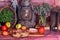 Vintage Food photography. Bread, meat, apples.