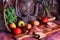 Vintage Food photography. Bread, meat, apples.