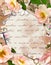 Vintage frame, retro design, Old paper, roses flowers, notes, watercolor feathers, keys. Card with empty space for your