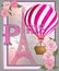 Vintage France poster design. romantic background with Eiffel tower and roses