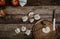 Vintage. fruit. ripe apples, old knife and a kitchen towel on the wooden table. Top view