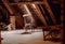 Vintage furniture in abandoned house. Old rocking chair in rustic vintage style attic