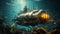 Vintage futuristic submarine exploring an oceanic landscape. Concept of underwater exploration, marine vehicle, ocean