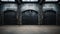 Vintage garage background, dark warehouse with old doors or gates, grungy interior of historical room. Concept of wall, studio,