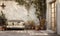 Vintage Garden Sofa Amidst Climbing Vines and Terracotta Pots, Sun-Dappled Mediterranean Patio