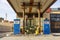 Vintage gas pumps at an old gas station in the desert