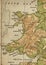 A vintage geographical map of Wales in sepia.