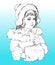 Vintage girl in winter clothes hand drawn in shades of gray