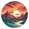 Vintage Glacier Sunset: Detailed Circle Illustration With Mountains And Lake