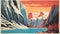 Vintage Glacier Waterfall Poster: Dark Orange And Light Cyan Color Blocking