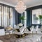 Vintage Glamour: A glamorous dining room with a crystal chandelier, velvet dining chairs, and a mirrored accent wall1, Generativ