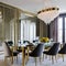 Vintage Glamour: A glamorous dining room with a crystal chandelier, velvet dining chairs, and a mirrored accent wall5, Generativ