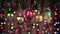 Vintage glass Christmas toys on a background of twinkling lights