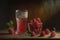 Vintage glass of raspberry juice and fresh ripe berries on table, dark still life. Generative AI