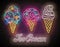 Vintage Glow Poster with Different Ice Cream in Waffle Cones and Inscription