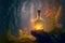 vintage glowing golden bottle with perfume in fantasy landscape