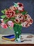 Vintage gobelin needlepoint rose bouquet in vase