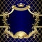 Vintage gold banner with a crown on dark blue baroque background