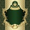 Vintage gold banner with a crown on dark green baroque background