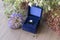 Vintage gold diamond engagement ring in blue velvet box