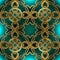Vintage gold floral 3d vector seamless pattern. Glowing colorful turquoise background. Repeat shiny arabesque backdrop