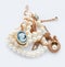 Vintage gold jewelry pendant, brooch, cameo, pearl strand isola
