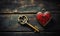 Vintage golden key beside a red heart with a keyhole on a rustic wooden surface, symbolizing unlocking love, secret affection