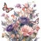 Vintage Gouache Illustration of Pink Flowers and Purple Butterflies on White Background for Scrapbooking.