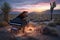 Vintage grand piano at dusk in desert. Generative AI