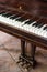 A vintage grand piano keyboard, with years of wear, and one stuck key