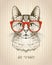 Vintage graphic poster with hipster cat with red glasses.