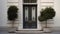 Vintage gray front door with stained glass windows on the facade of a building with stairs and potted plants, AI