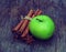 Vintage green apple with star anise and cinnamon sticks on wood