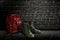 Vintage green boot and red backpack made of genuine leather on a background of a dark brick wall