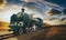 Vintage green and yellow steam powered railway train