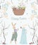 Vintage greeting card with bunny characters and design elements for the Easter holiday. Easter bunny, eggs, flowers, basket, sprin